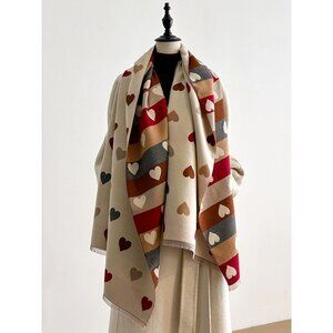NWT Heart-Patterned Beige & Red Reversible Scarf/Shawl Wrap
